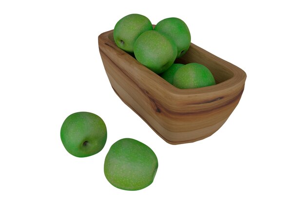 3D rendering manzana verde en cesta de madera