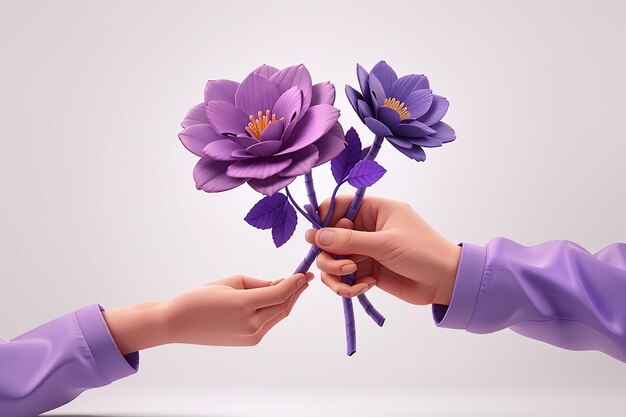 3d rendering mão dando roxo para outra mão flor isolada em fundo branco 3d render estilo de desenho animado