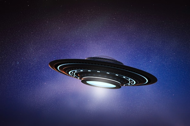 3D-Rendering Metall-Ufo oder Alien-Raumschiff im Weltraum