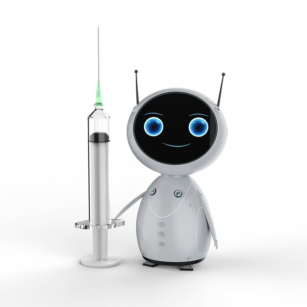 3D rendering mini robot mano sosteniendo una jeringa sobre fondo blanco.