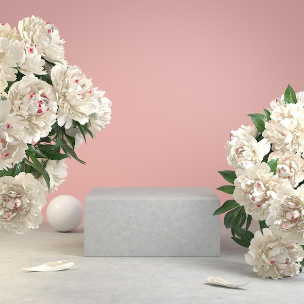 3D-Rendering Minimal leere Podium Display Regale Zement Beton mit Blumenstrauß Blumen Blume weißen Hintergrund Illustration