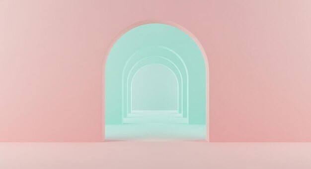 3D-Rendering Minimal Mode Hintergrund Bogen Tunnel Korridor Portal Perspektive rosa Minze Pastell