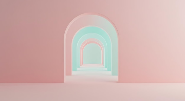 3D-Rendering Minimal Mode Hintergrund Bogen Tunnel Korridor Portal Perspektive rosa Minze Pastell