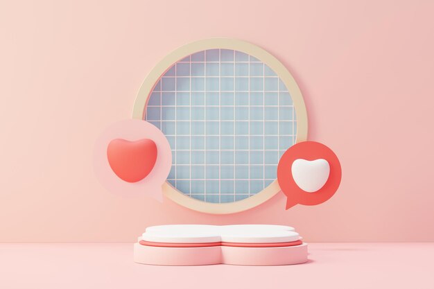 3D-Rendering minimale süße Szene mit Display-Podium für Mock-up und Produktmarkenpräsentation. Pinker Sockel zum Thema Valentinstag. Netter reizender Herzhintergrund. Lieben Sie den Designstil des Tages.