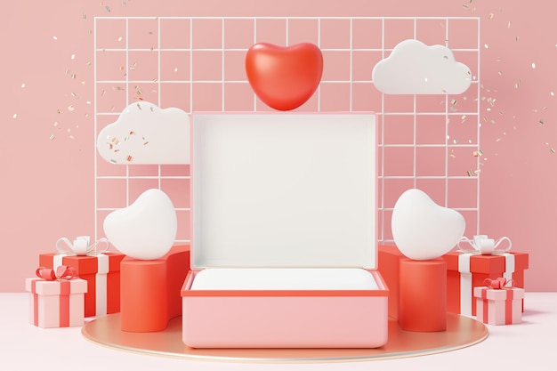 3D-Rendering minimale süße Szene mit Display-Podium für Mock-up und Produktmarkenpräsentation. Pinker Sockel zum Thema Valentinstag. Netter reizender Herzhintergrund. Lieben Sie den Designstil des Tages.