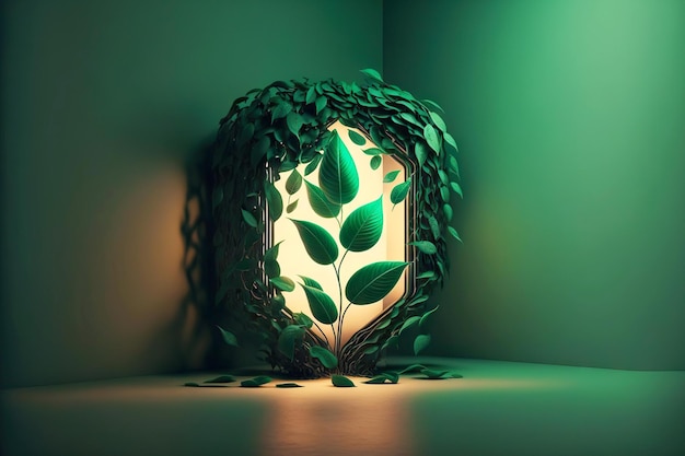 Foto 3d-rendering minimaler raum mit ungewöhnlicher installation in form einer glühbirne mit grünen blättern innerhalb der generativen ai