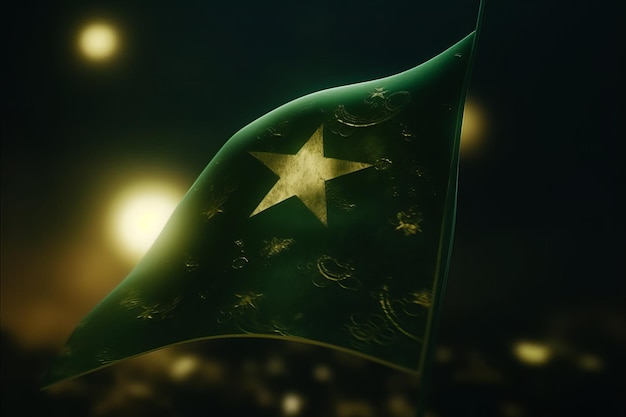 3D-Rendering Minimalistischer Bokeh-Hintergrund der pakistanischen Flagge mit islamischem Symbol Generative KI