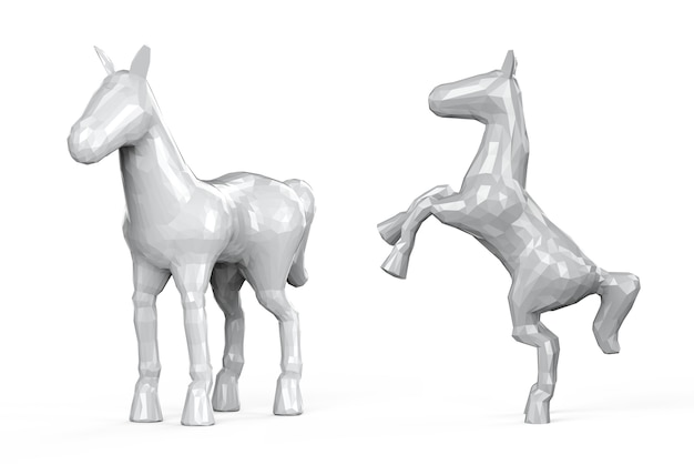 3D-Rendering mit polygonalen Pferden auf weißem Hintergrund