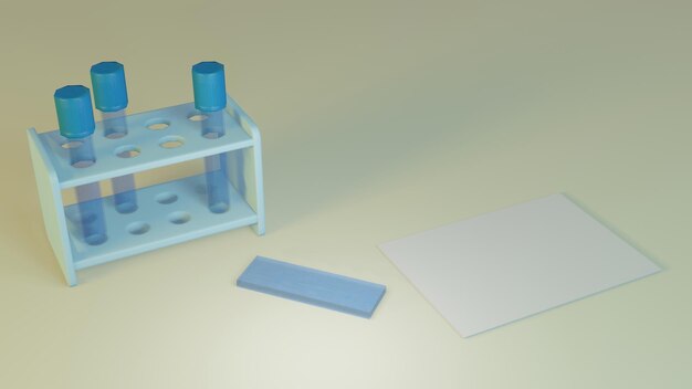 3D-Rendering mit Reagenzgläsern für medizinische Flaschen zur Analyse. Konzeptillustration für Designs.