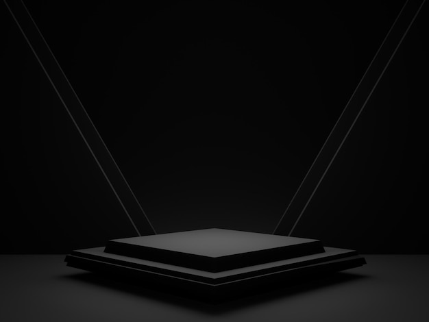 Foto 3d-rendering mit schwarzem hintergrund dunkler raum geometrisches podium