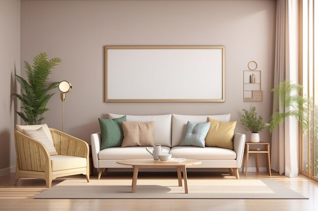 3D-Rendering-Modellrahmen im Wohnzimmer mit Sofa