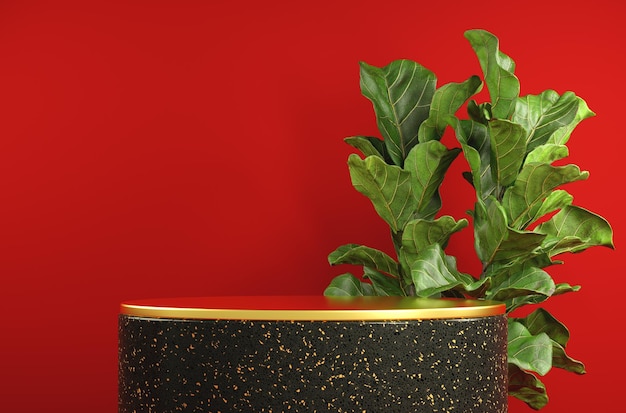 3d-Rendering Modern Minimal Black Stand Display Golden Top Green Tropic Plant Red Illustration Hintergrund