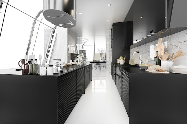 3D rendering moderna cocina negra con madera moderna incorporada