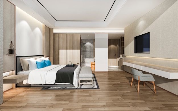 3D-Rendering moderne blaue Luxus-Schlafzimmer-Suite und Badezimmer