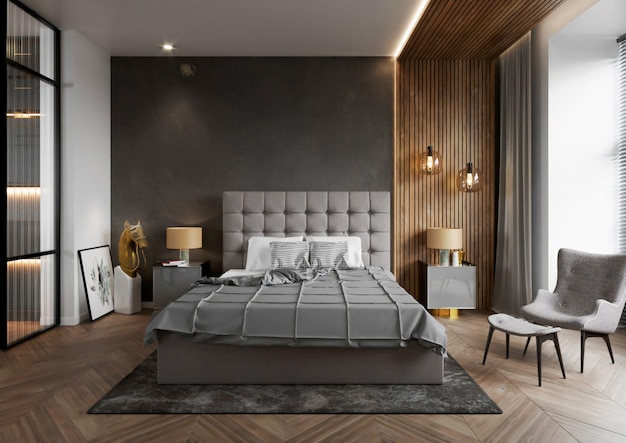 3D-Rendering Moderne Innenarchitektur aus dunklem und hölzernem Schlafzimmer