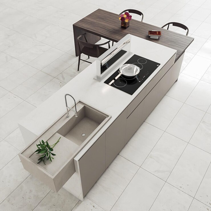 3D-Rendering Moderne Küche mit Inneneinrichtung aus Holzschränken