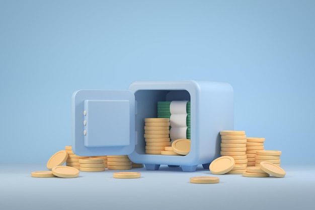 3D-Rendering Moderne minimale Privatsphäre Safe Box Storage Vault Opening Cash Bank und Münzen auf blauem Pastell Illustration Hintergründe 3D-Rendering