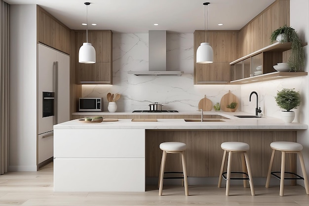 3D-Rendering moderner Küchenplatte mit weißem und biege Design