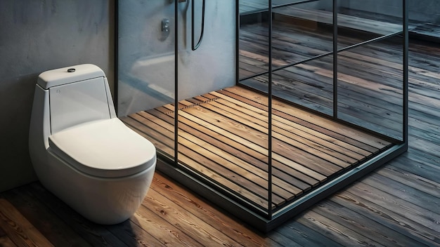 3D-Rendering moderner Loft-Toilette und Dusche mit Holzboden