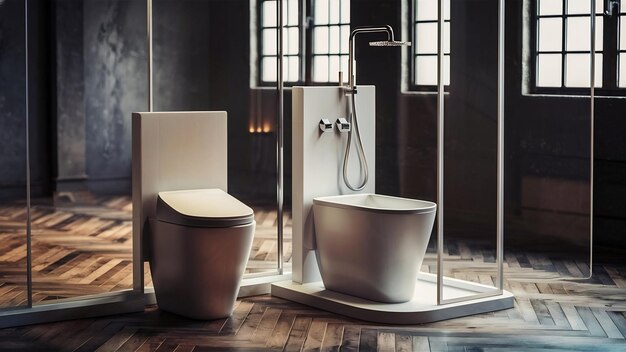 3D-Rendering moderner Loft-Toilette und Dusche mit Holzboden