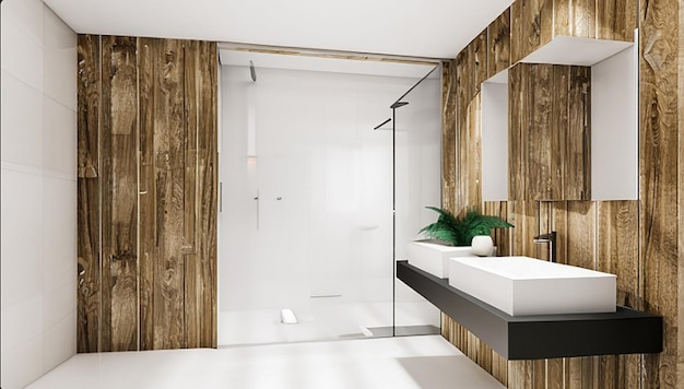 3D-Rendering Modernes Badezimmer aus Holz und Stein