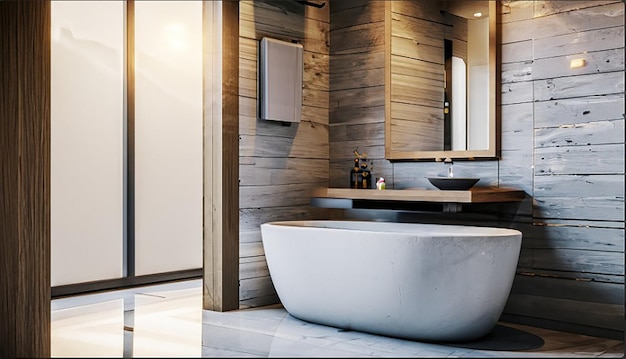 3D-Rendering Modernes Badezimmer aus Holz und Stein