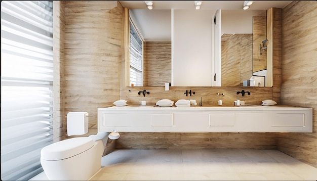 3D-Rendering Modernes Badezimmer aus Holz und Stein