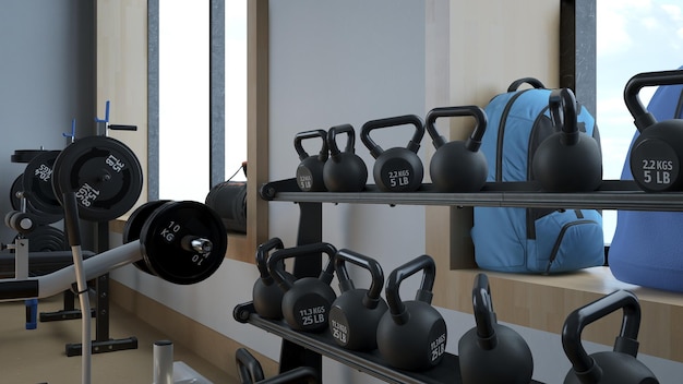 3D-Rendering Modernes leichtes Fitnessstudio Sportgeräte im Fitnessstudio Langhanteln mit unterschiedlichem Gewicht auf dem Gestell