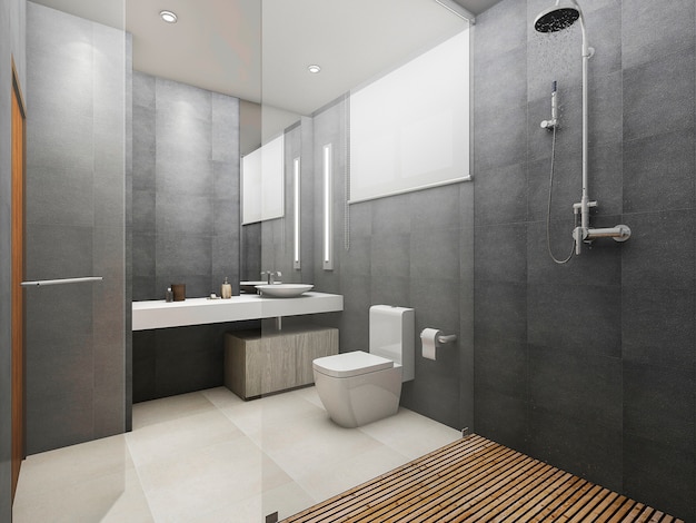 3D rendering moderno loft inodoro y ducha con piso de madera