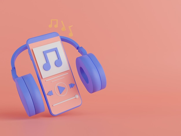 3D-Rendering-Musikanwendung auf dem Smartphone mit Kopfhörer auf rosa Hintergrund