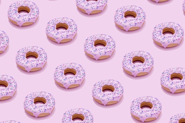 3D-Rendering-Muster von süßen Donuts mit rosa Glasur auf rosa Hintergrund.