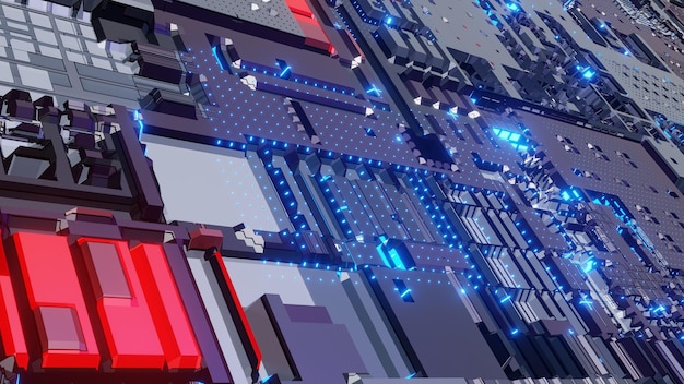 3D-Rendering. Nahaufnahme des PC-Motherboards, bunt und Details.