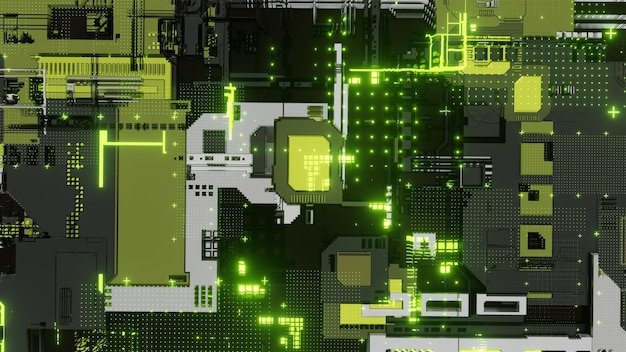 3D-Rendering. Nahaufnahme des PC-Motherboards, bunt und Details.