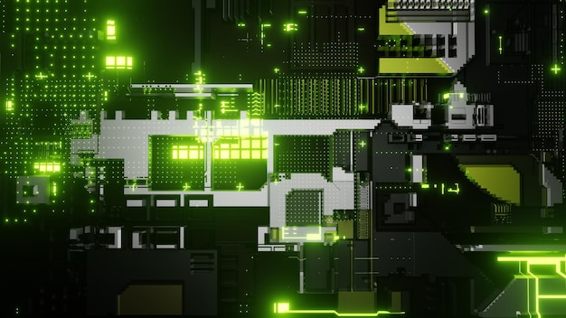 3D-Rendering. Nahaufnahme des PC-Motherboards, bunt und Details.