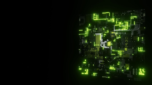 3D-Rendering. Nahaufnahme des PC-Motherboards, bunt und Details.