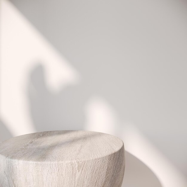 3D-Rendering Nahaufnahme leerer Raum aus Holz runder Tisch mit Blattschatten für luxuriöse Kosmetikprodukte