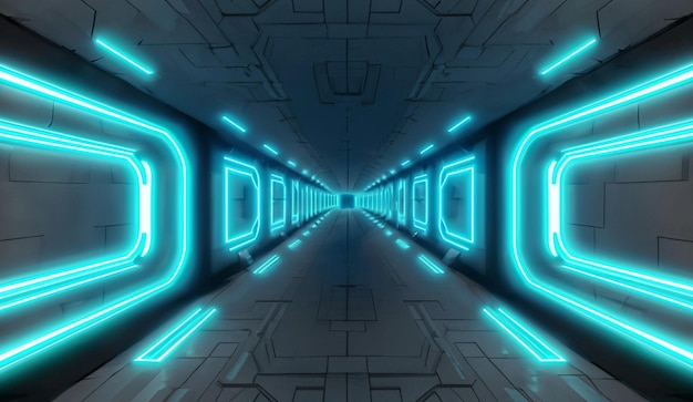 3D-Rendering nahtloser Schleifenbewegung von Scifi-Korridoren mit blauem und blauem Neonlicht