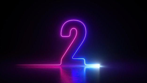 3D-Rendering Neon Nummer zwei leuchtend im Dunkeln mit ultraviolettem Licht rosa blau Gradient Laserstrahl