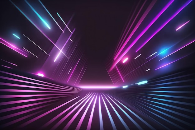 3D-Rendering Neonlicht abstrakter ultravioletter Hintergrund dynamisch leuchtende Linien blau rosa Laserstrahlen Modebühnenhintergrund