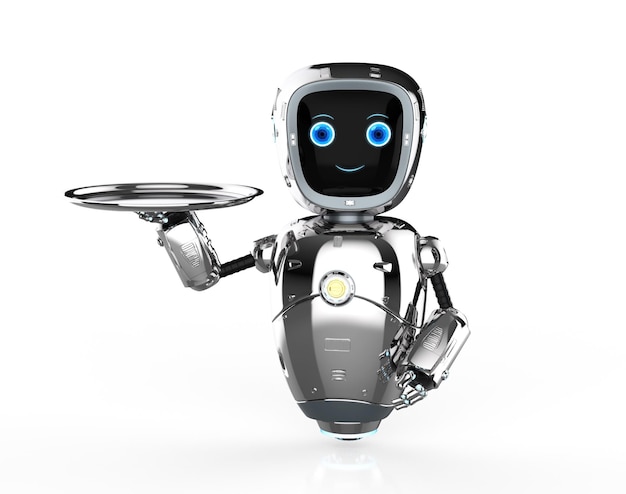 3D-Rendering niedlichen Roboter mit künstlicher Intelligenz oder Assistenzroboter mit Serviertablett