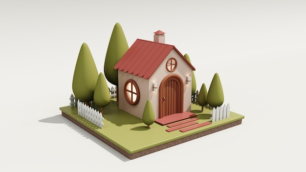3D-Rendering Niedliches Öko-Haus Modernes Cartoon-Haus mit Fenstern und Türen Immobilienkonzept