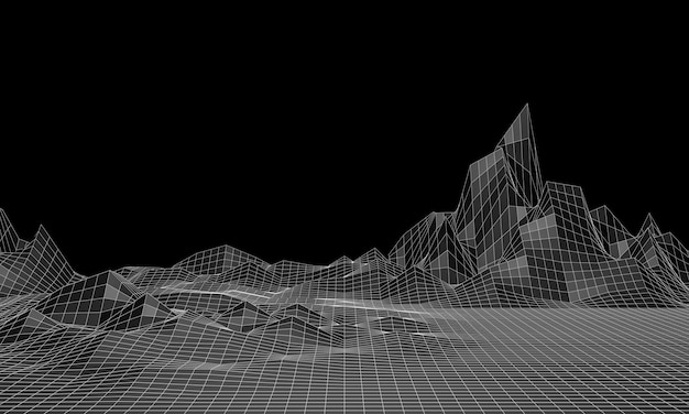 3D-Rendering. Niedriges Polygebirgsgitter. Schwarzes und weißes topographisches Gelände.