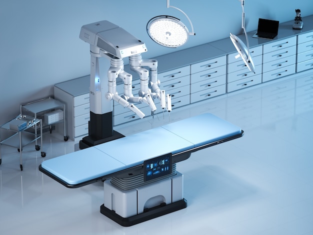 3D-Rendering-Operationsraum mit Roboterchirurgie und leerem Bett