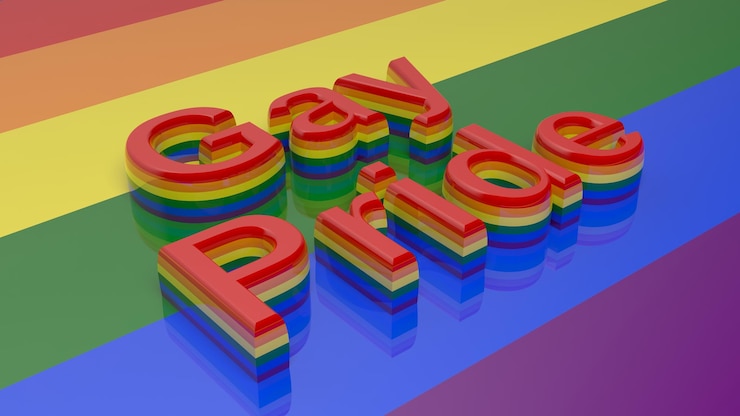 Foto 3d rendering palabras orgullo gay en el fondo de la bandera gay