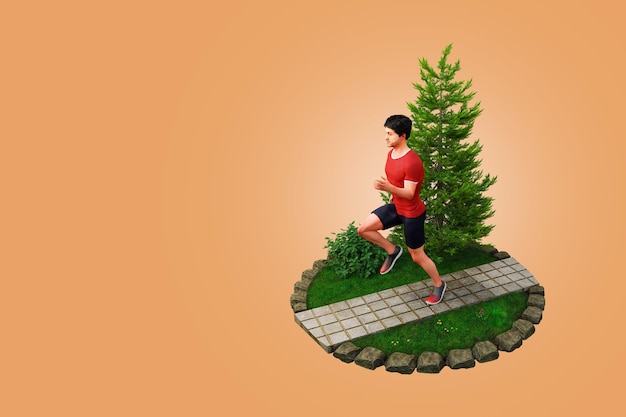 3D-Rendering Passender junger Mann auf rotem T-Shirt, der in einem Park läuft Jogging- und Laufkonzept Draufsicht