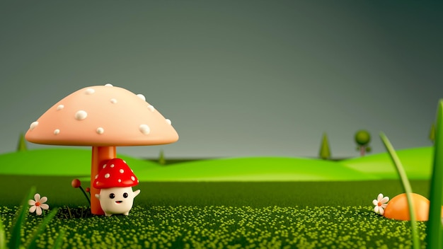 3D-Rendering Pilze und Blumen auf grünem verschwommenem Naturansichtshintergrund