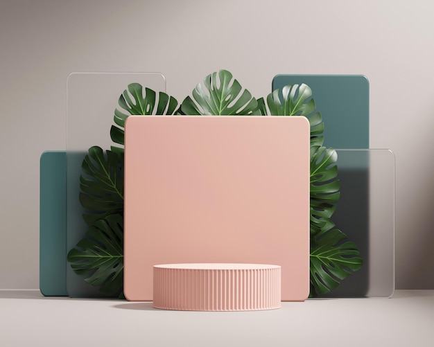 3D-Rendering-Plattform-Podium mit Monstera-Pflanzen-Produktpräsentationshintergrund