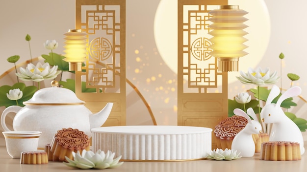 3D-Rendering-Podium für Mittherbstfestferien oder chinesische Neujahrsfeste mit Laternen, Blumen, Mond, Kaninchen, Mondkuchen, Teekanne und asiatischen Elementen auf dem Hintergrund