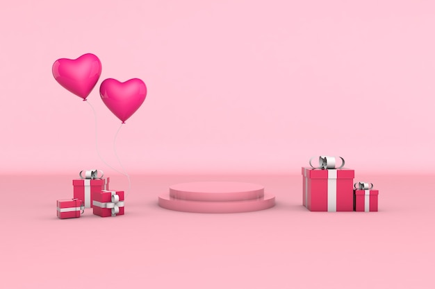 3D-Rendering-Podium für Produktplatzierung am Valentinstag mit Dekorationen
