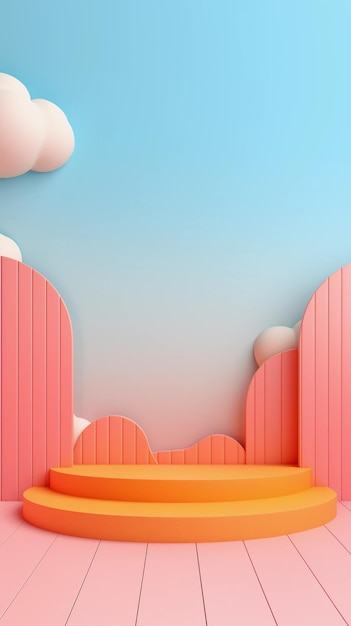 3D-Rendering-Podium im Kinderstil, bunter Hintergrund, Wolken und Wetter mit leerem Raum